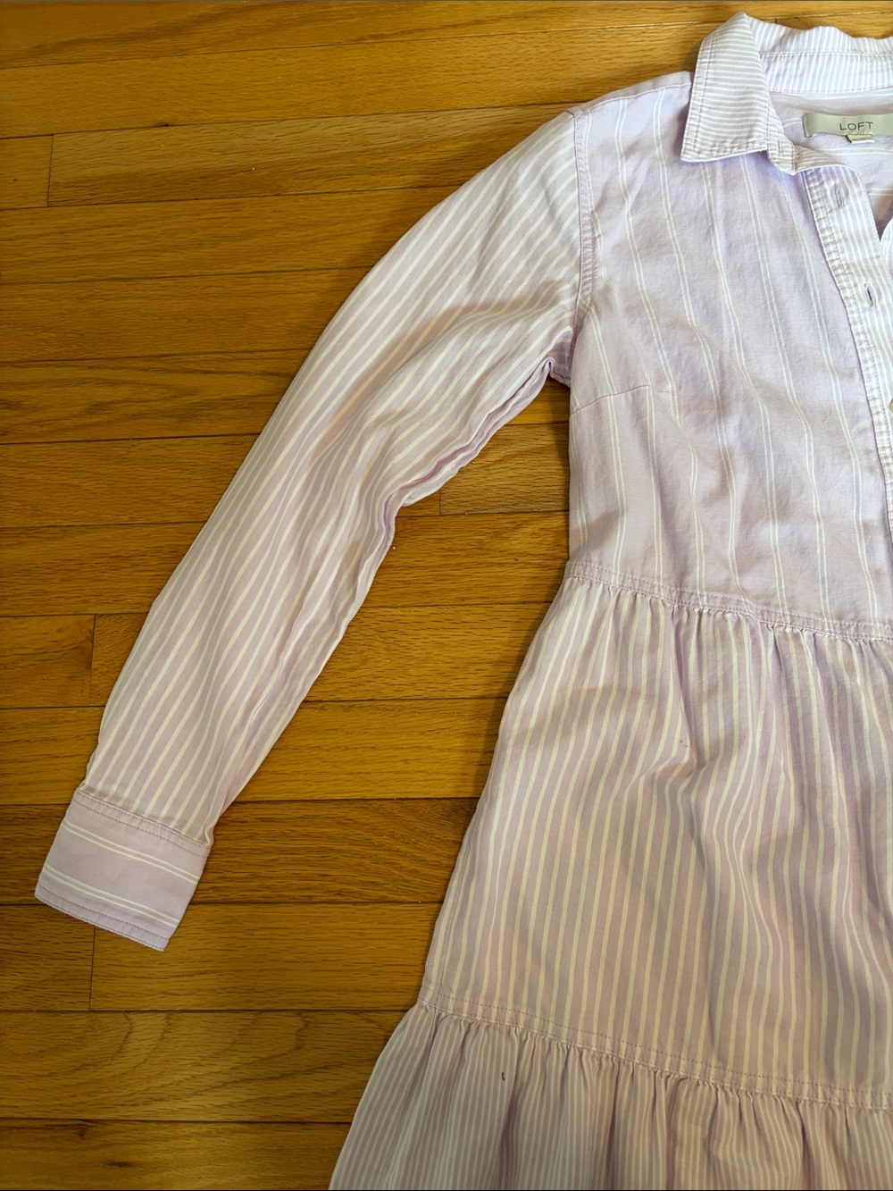 LOFT Lavender Striped Button-Front Tiered Dress - Picture 3 of 8